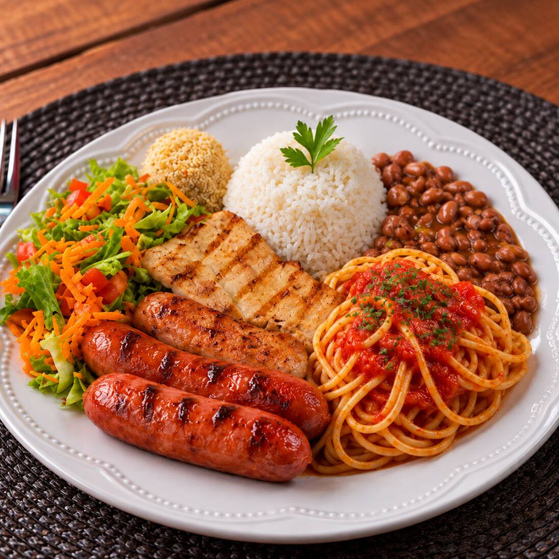 Arroz branco soltinho, feijão em caldo, macarrão, frango, linguiça, batata frita (200g), legumes e salada do dia. Uma refeição completa, caprichada e bem servida.