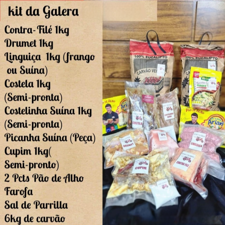 1 kg de Contra file ou Chorizo 1 kg de Linguiça (Frango ou suína, ou 500g de cada. 1 kg de Costelinha suína (semipronta) 1 kg de Drumet no Tempero especial Kero Churras 1 kg de Cupim (semipronto) 1 kg de Costela (semipronta) 1 peça de picanha suína. 2 pct de pão de alho. 1 pct de farofa Sal de parrilla (100g) 6 kg de carvão + ou - 7 kg de carnes.