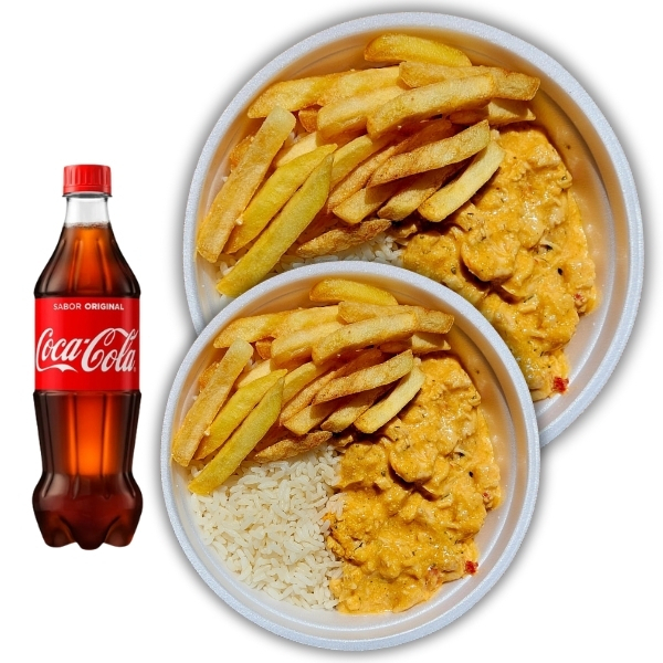 Strogonoff de frango em dobro, cremoso e saboroso, arroz soltinho, fritas douradas e Coca-Cola 600ml pra completar!