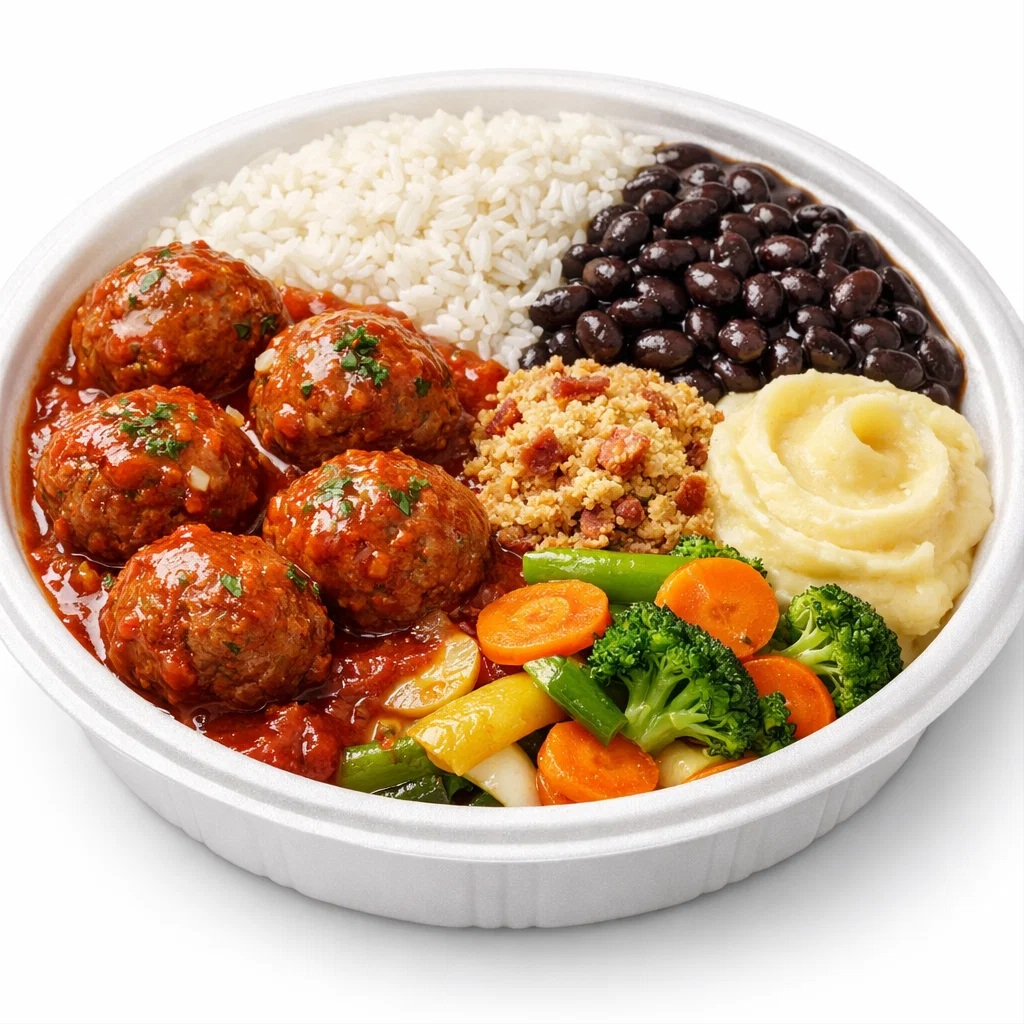 Monte sua marmitex ate 3 complementos extras ! Todas elas vão arroz branco e feijão preto.