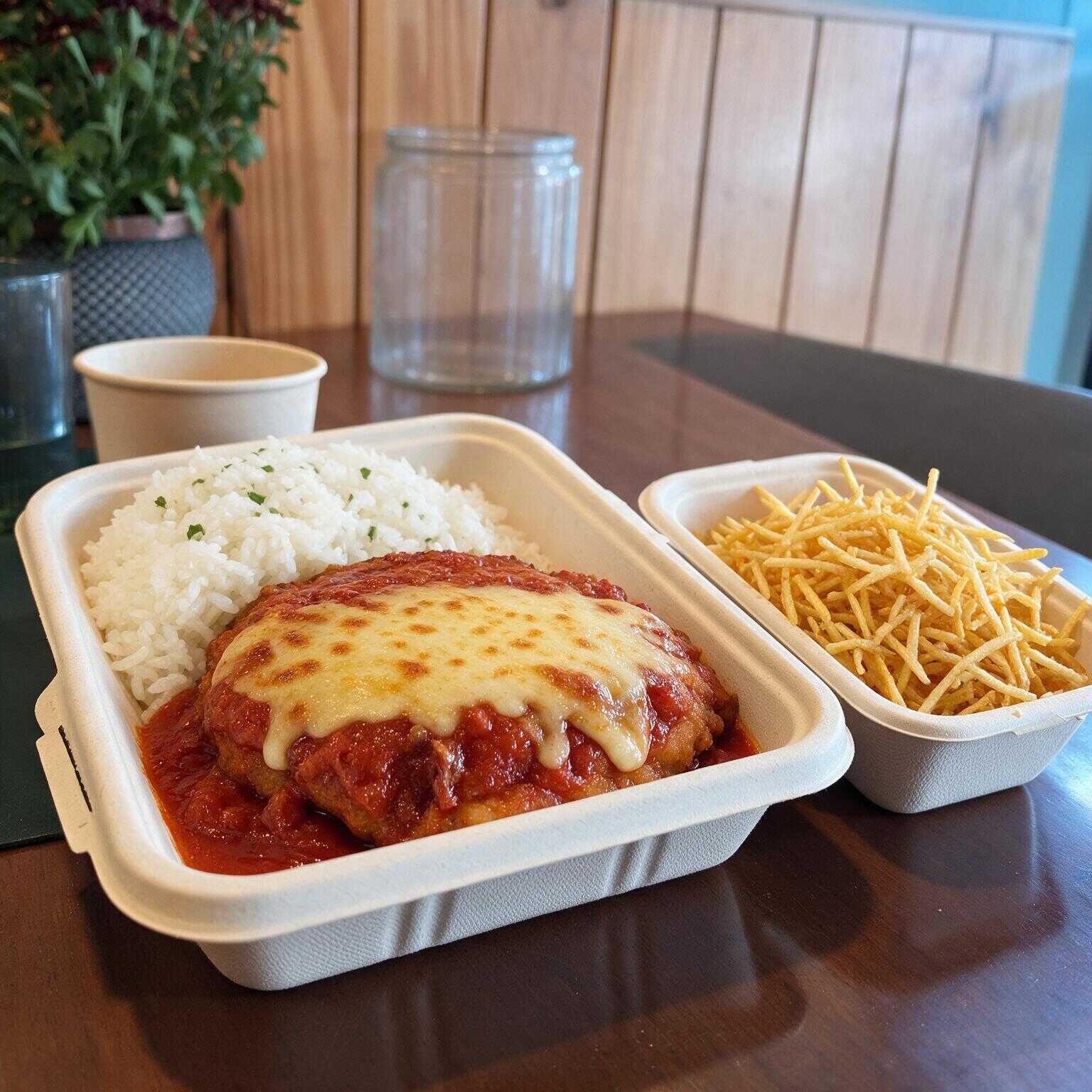 - 300 g de Arroz branco cozido - 100 g de batata palha. - 120 g de Carne de filé mignon