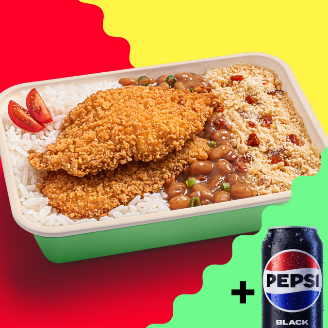 Filé de frango empanado e bem acompanhado: com um delicioso arroz, um feijão bem saboroso, salsinha, cebolinha, tomate-cereja e uma farofa de bacon que dispensa comentários. Até porque não dá pra falar de boca cheia, né? Acompanha 1 Refrigerante Lata.