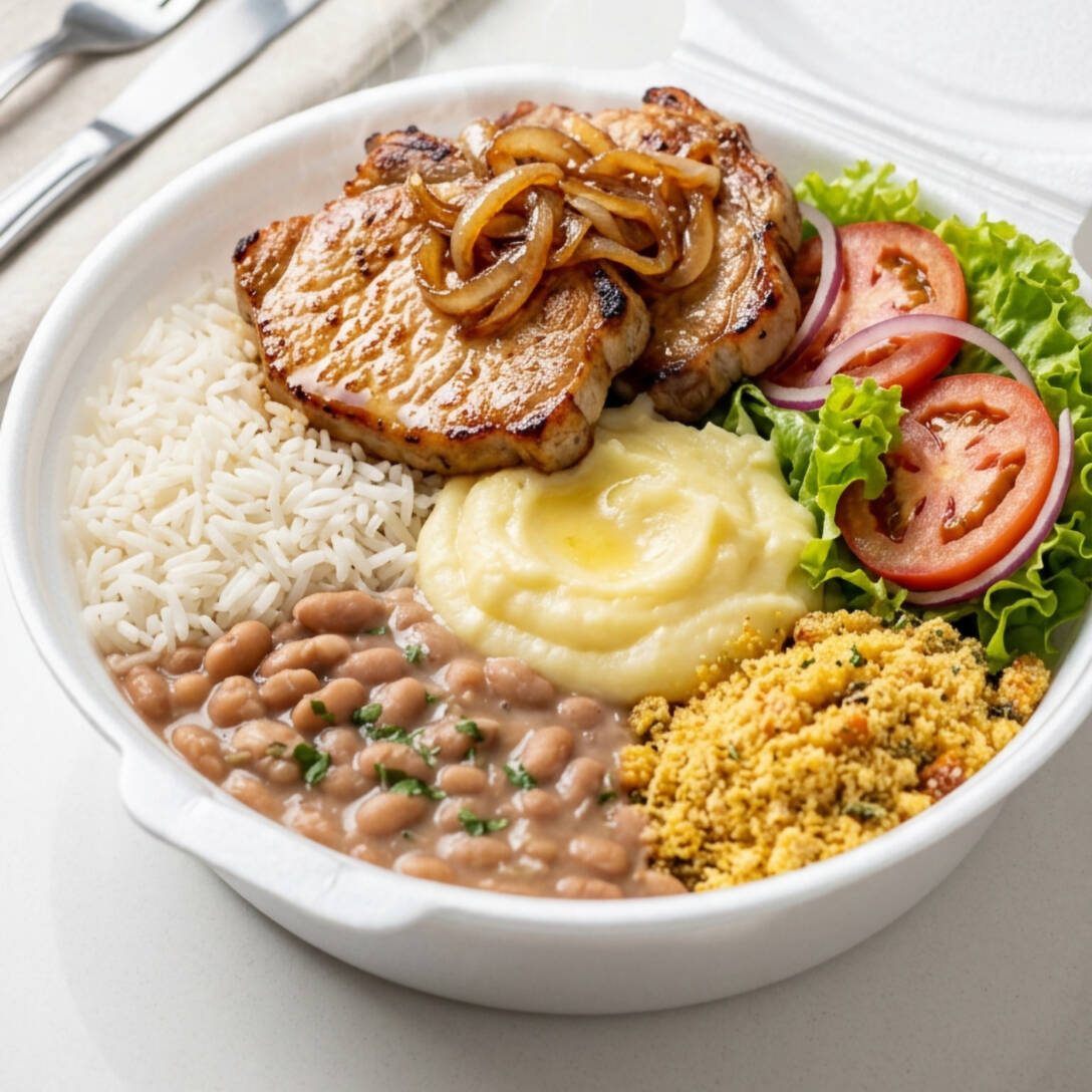 Delicioso Frango Grelhado, acompanha arroz branco, farofa, Purê de batata e salada.