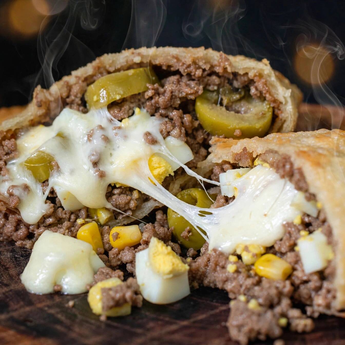 Delicioso Pastel recheadão com Carne, ovo, azeit, queijo e presunto