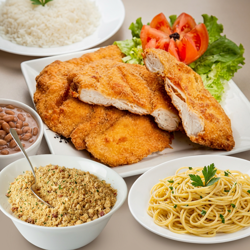 Arroz, feijão, macarrão alho e oleo, filé de frango empanado e farofa