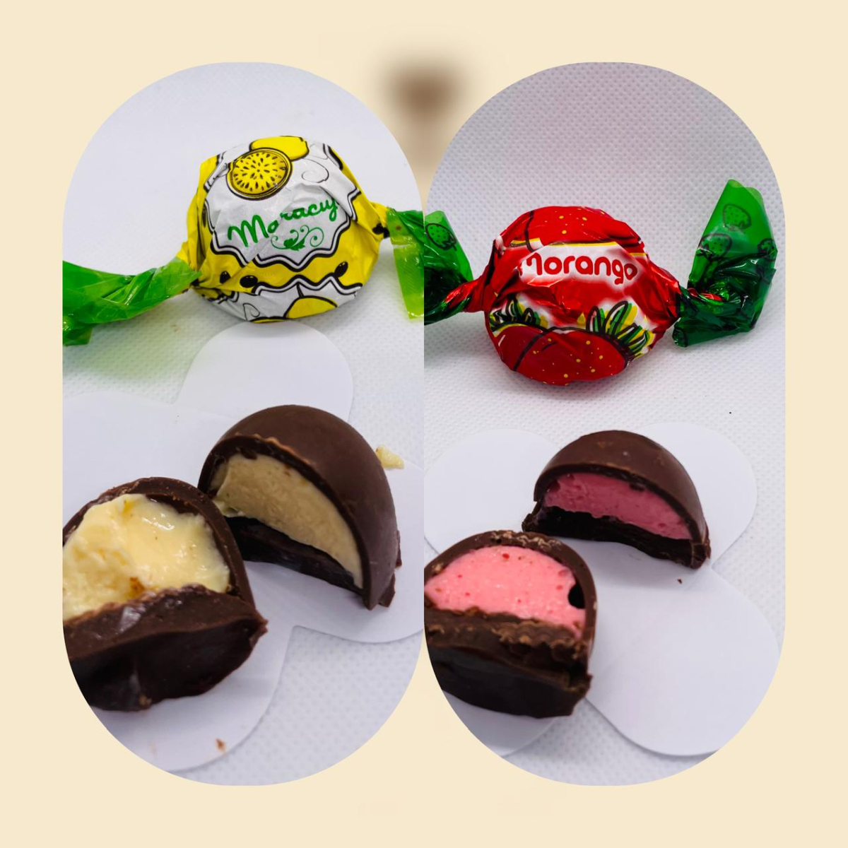 Três deliciosas trufas de maracujá e duas de morango