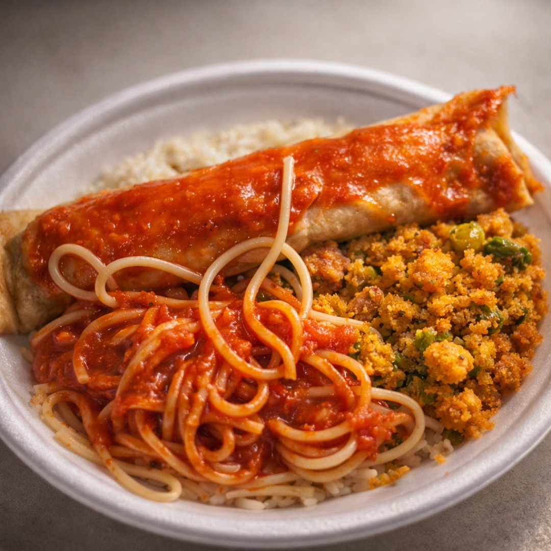 Arroz, Feijão, Farofa, Macarrão com molho vermelho Panqueca de Carne moída