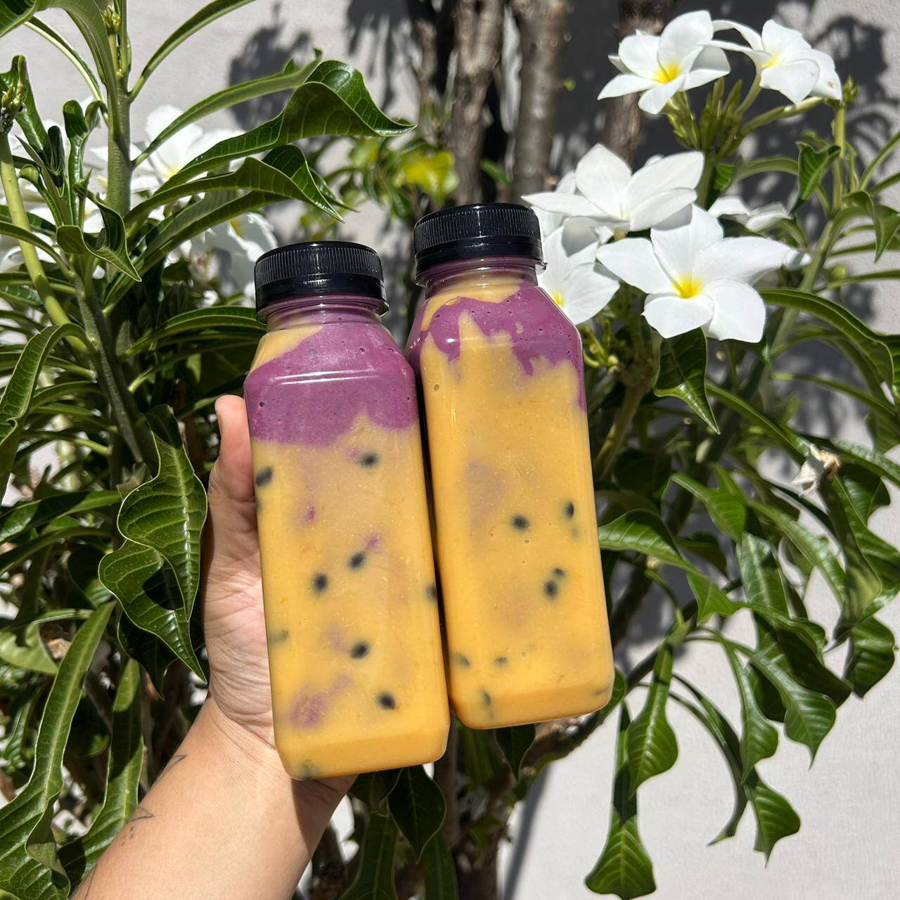AÇAI BATIDO COM BANANA E LEITE,LEITE CONDENSADO,ACOMPANHADO DE CREME DE MARACUJA,FINALIZADO COM LEVE TOQUE DE LEITE EM PÓ
