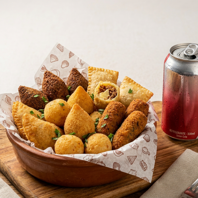 30 unidades de mini salgadinhos+ 1 refrigerante lata