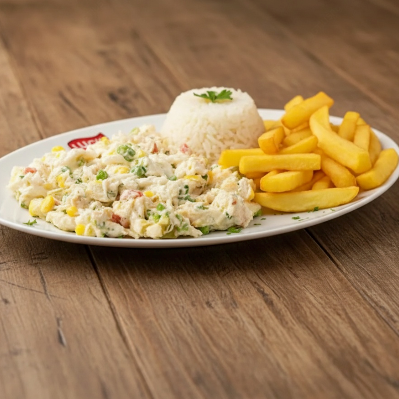 Acompanha arroz, salada, batata e arroz.