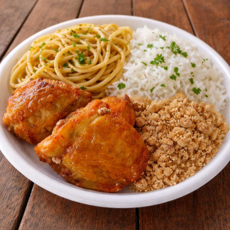 Marmita de assado de frango, acompanha de arroz, feijão, macarrão e farofa da casa.