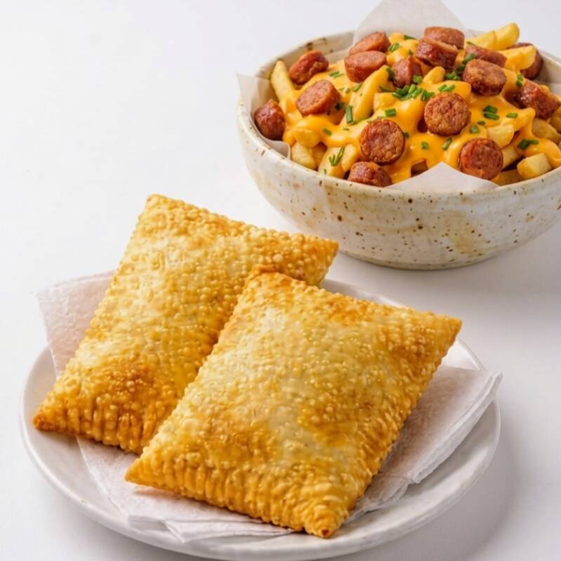 2 pastéis de frango desfiado com queijo 1 frita 250g de calabresa com cheddar