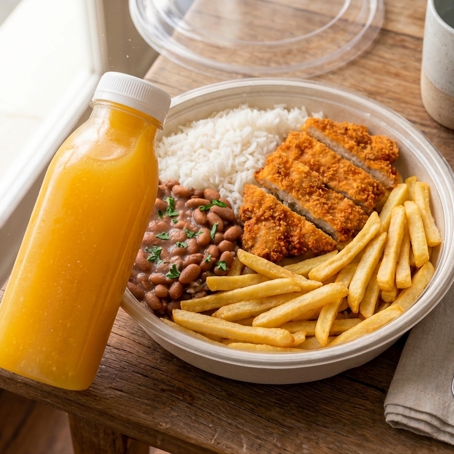 Tiras de frango empanadas e crocantes, douradas por fora e suculentas por dentro. Acompanha arroz, feijão, batata frita e salada do dia ou salada com maionese, para uma refeição completa e deliciosa. 😋🍽️E para deixar seu almoço ainda melhor, você ganha 1 suco natural de 300 ml grátis! 🥤✨