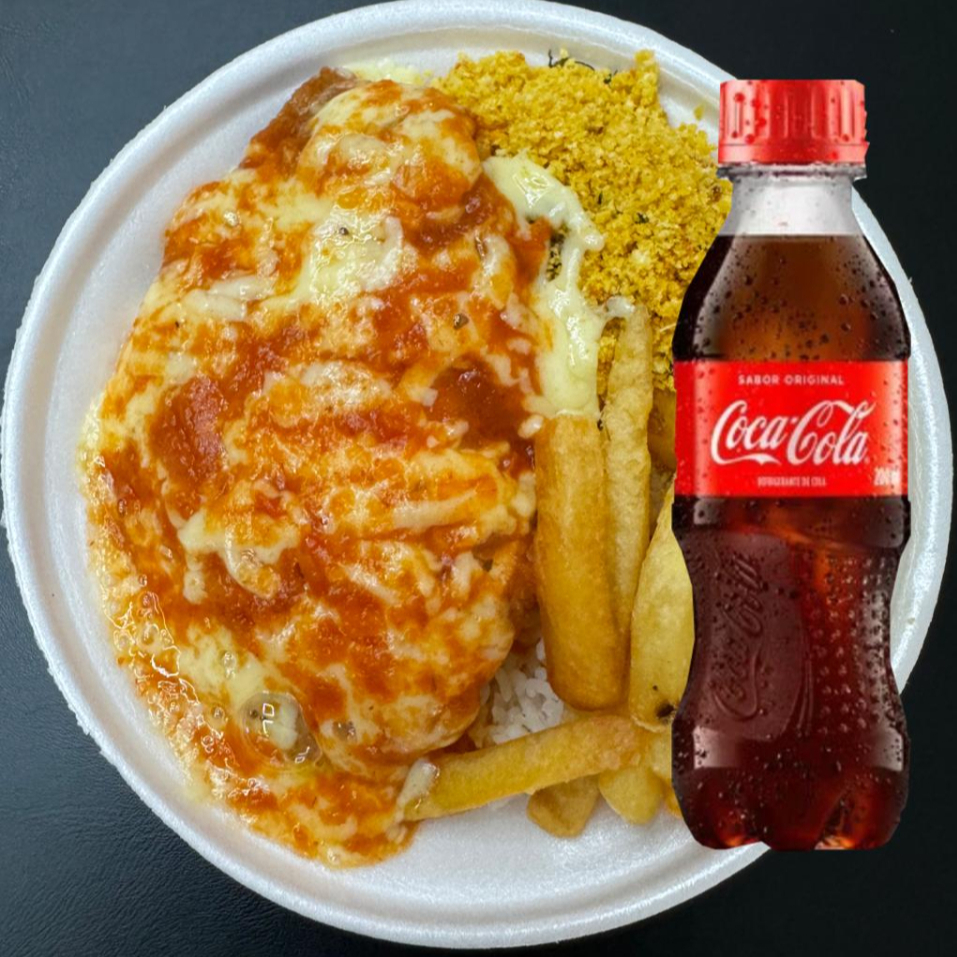 Acompanha Arroz Feijão Fritas e Farofa 400g aprox + Coca 200ml