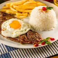 Contra Filé com ovo, cebola, arroz branco, feijão, fritas .