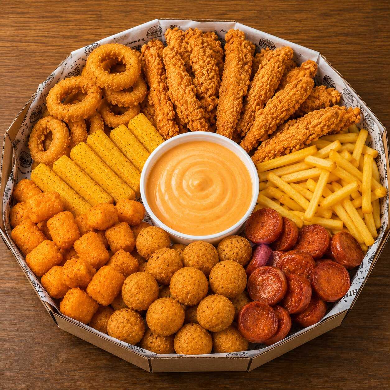 Serve até 6 Pessoas !
Uma caixa com uma explosão de sabores com tiras de frango crocantes, batata frita, anéis de cebola, mini salgados, calabresa, polenta, Frango a Passarinho e molho especial. Combo fechado – não retiramos nem substituímos itens.
