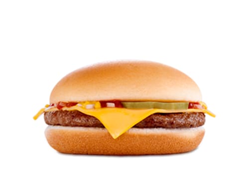 Um hamburguer (100% carne bovina), queijo processado sabor cheddar, cebola, picles, ketchup, mostarda e pão sem gergelim