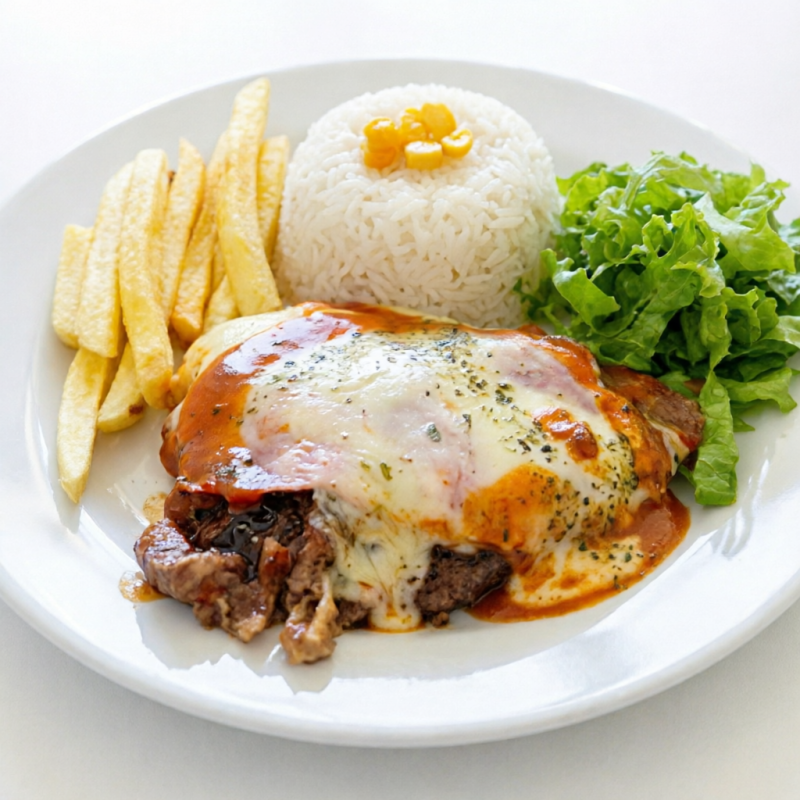 Bife de boi, Arroz Branco ou Com Alho, Batata Frita e Salada