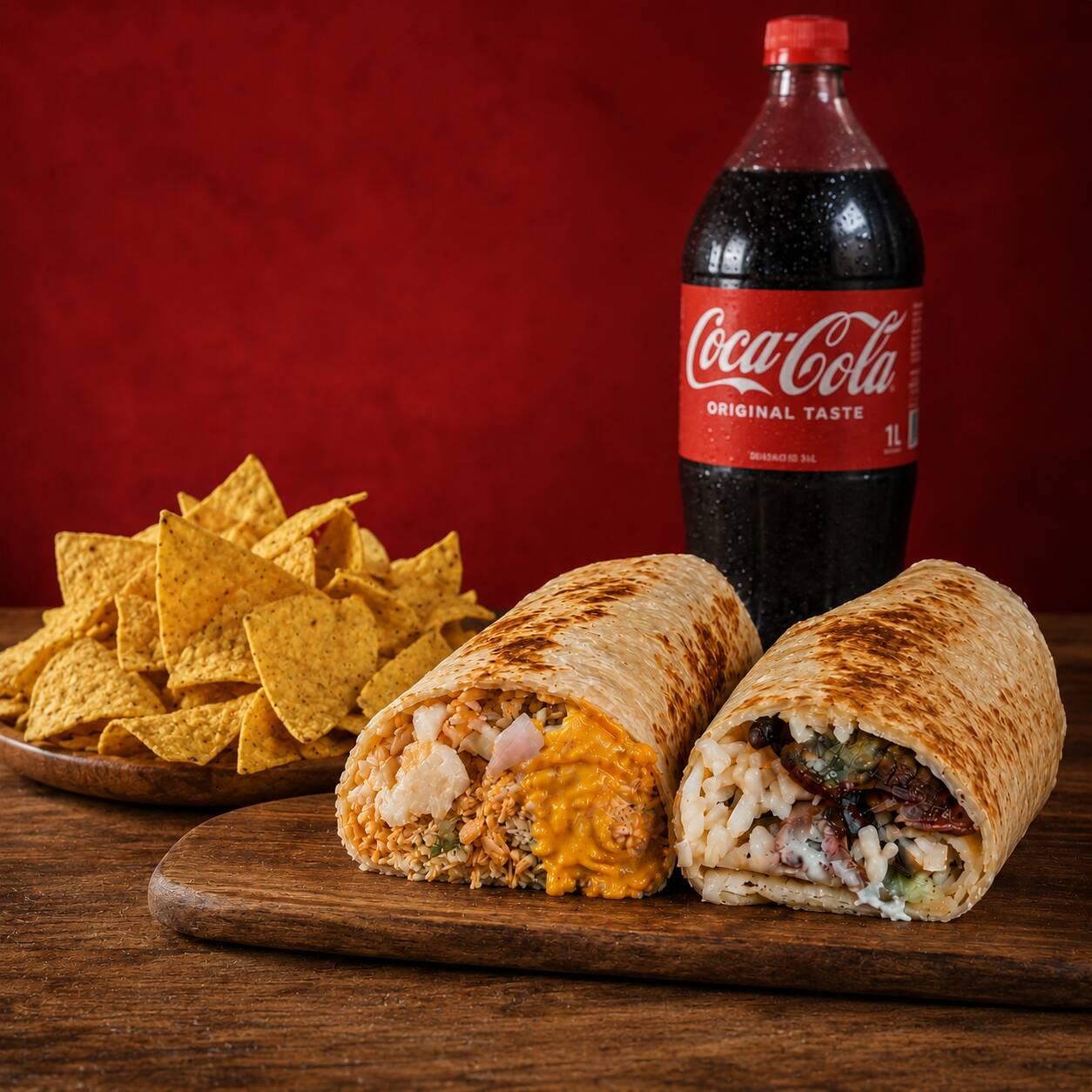2 Burritos de Farta tortilla de trigo levemente tostada enrolada com recheio à sua escolha. Não acompanha molhos a parte. Acompanha porção de Nachos e uma coca-cola de 1L.