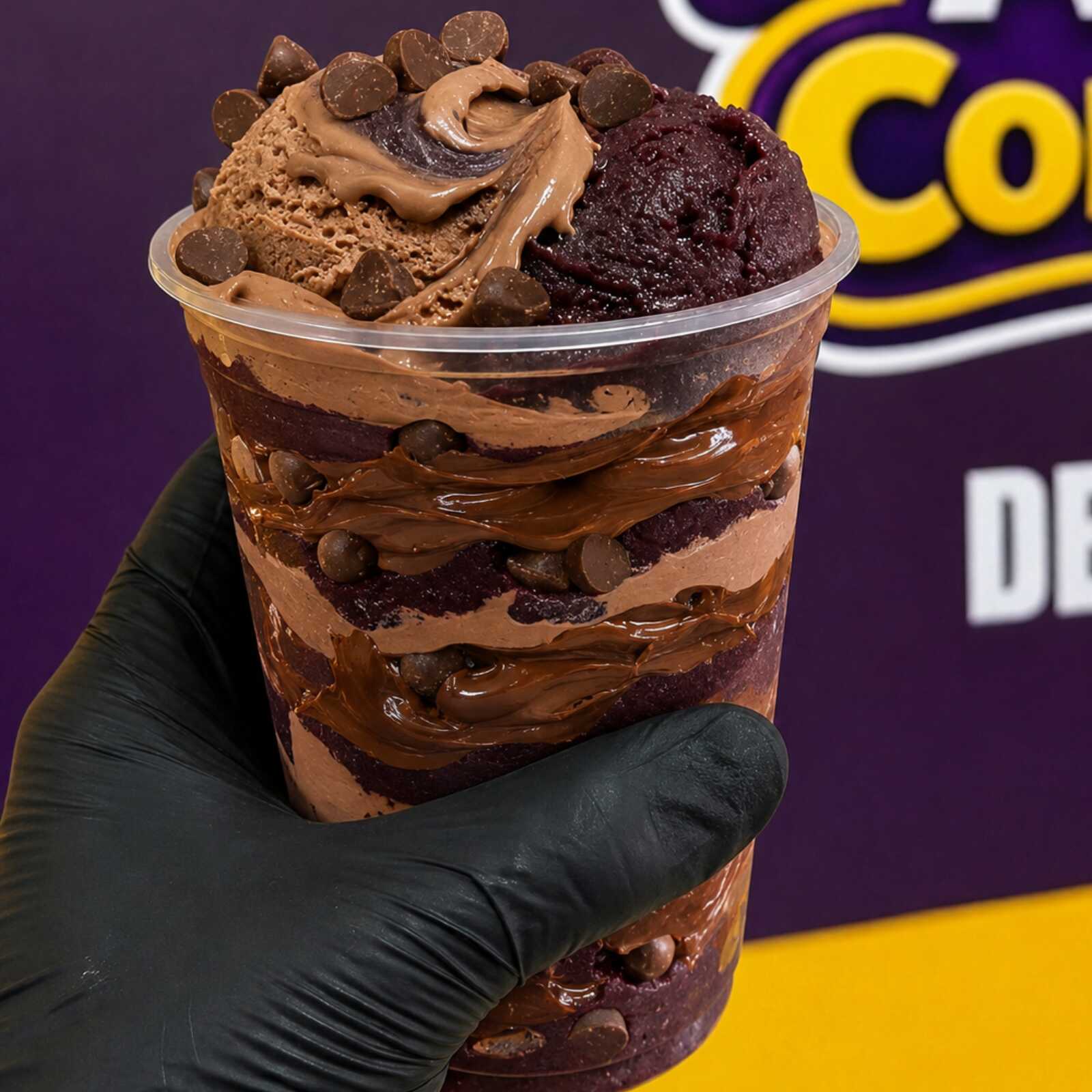 Açaí + Creme de Chocolate + Gotas de Chocolate + Creme de Avelã Prepare-se para uma avalanche de sabor! Açaí cremoso com sorvete de chocolate, finalizado com leite em pó e gotas de chocolate, com cobertura de chocolate no pote de 300ml. Cremoso, gelado e perfeito para quem não resiste a uma avalanche de chocolate.