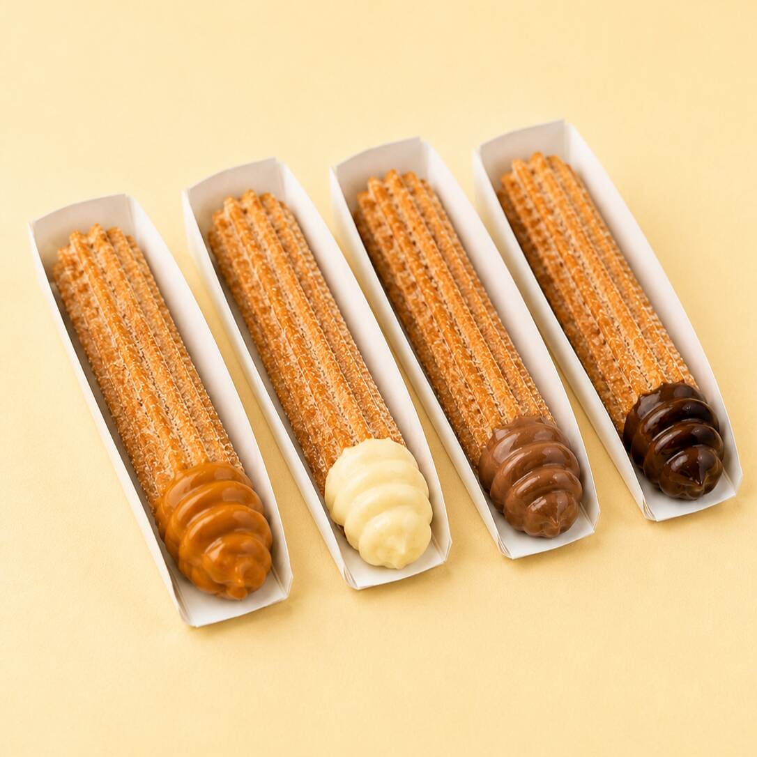 São 4 churros tradicionais, sequinhos, crocantes por fora e macios por dentro, feitos na hora para garantir aquele sabor irresistível.