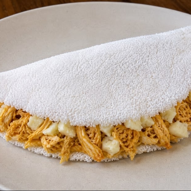 Massa caseira feita na hora, padrão Maitê Tapiocas, recheada com frango desfiado e Queijo Minas.