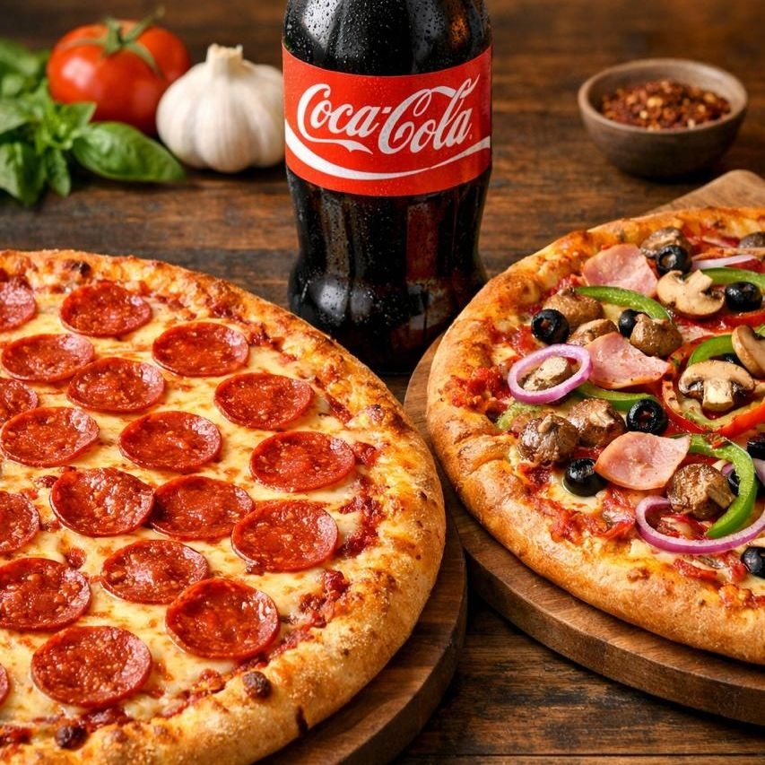 Este combo de duas pizzas de oito fatias cada, vem acompanhado de uma refrescante Coca-Cola de dois litros. Descubra uma verdadeira explosão de sabores ao escolher entre opções clássicas e queridinhas como a saborosa Calabresa, a tradicional Mussarela, a deliciosa Presunto e a suculenta Lombo Canadense. Para os amantes de um toque italiano, temos a irresistível Marguerita. E se estiver com vontade de algo adocicado, surpreenda-se com as nossas opções de pizza doce: a indulgente Brigadeiro e a exuberante Chocolate com Avelã. Uma combinação perfeita para um jantar em família ou com amigos.