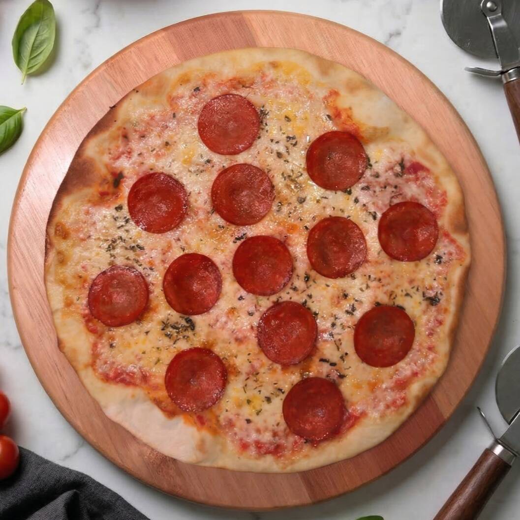 Massa fina com borda crocante, molho artesanal, mozzarella derretida, rodelas de pepperoni e orégano.