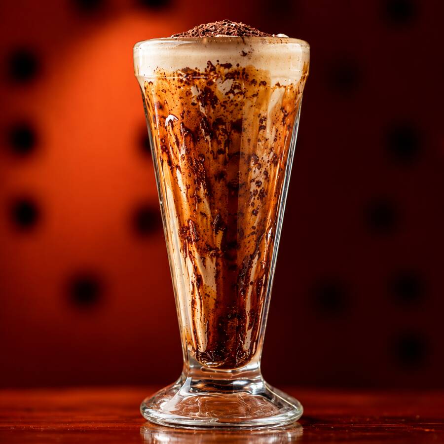 Milk-shake clássico de Ovomaltine com chocolate, cobertura de chocolate e finalização com Ovomaltine em pó. Cremoso, crocante e com sabor marcante.