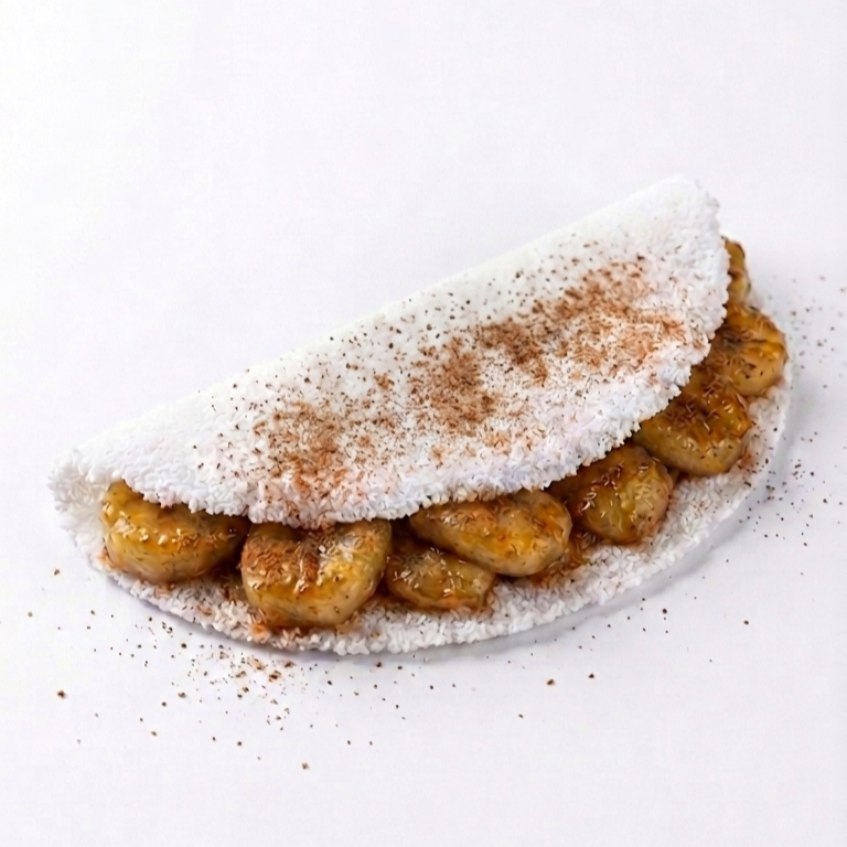 Banana quentinha com queijo derretido e um toque especial de canela dentro de uma tapioca leve e saborosa.