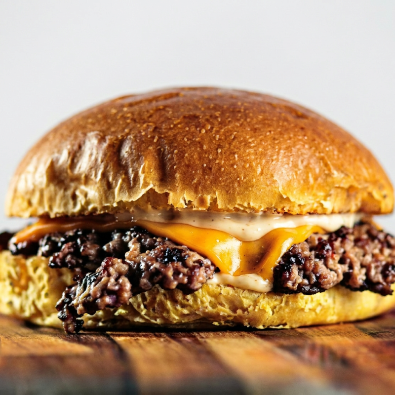Pão selado na chapa, Hamburguer Smash 90g, Queijo Cheddar e Maionese da Casa