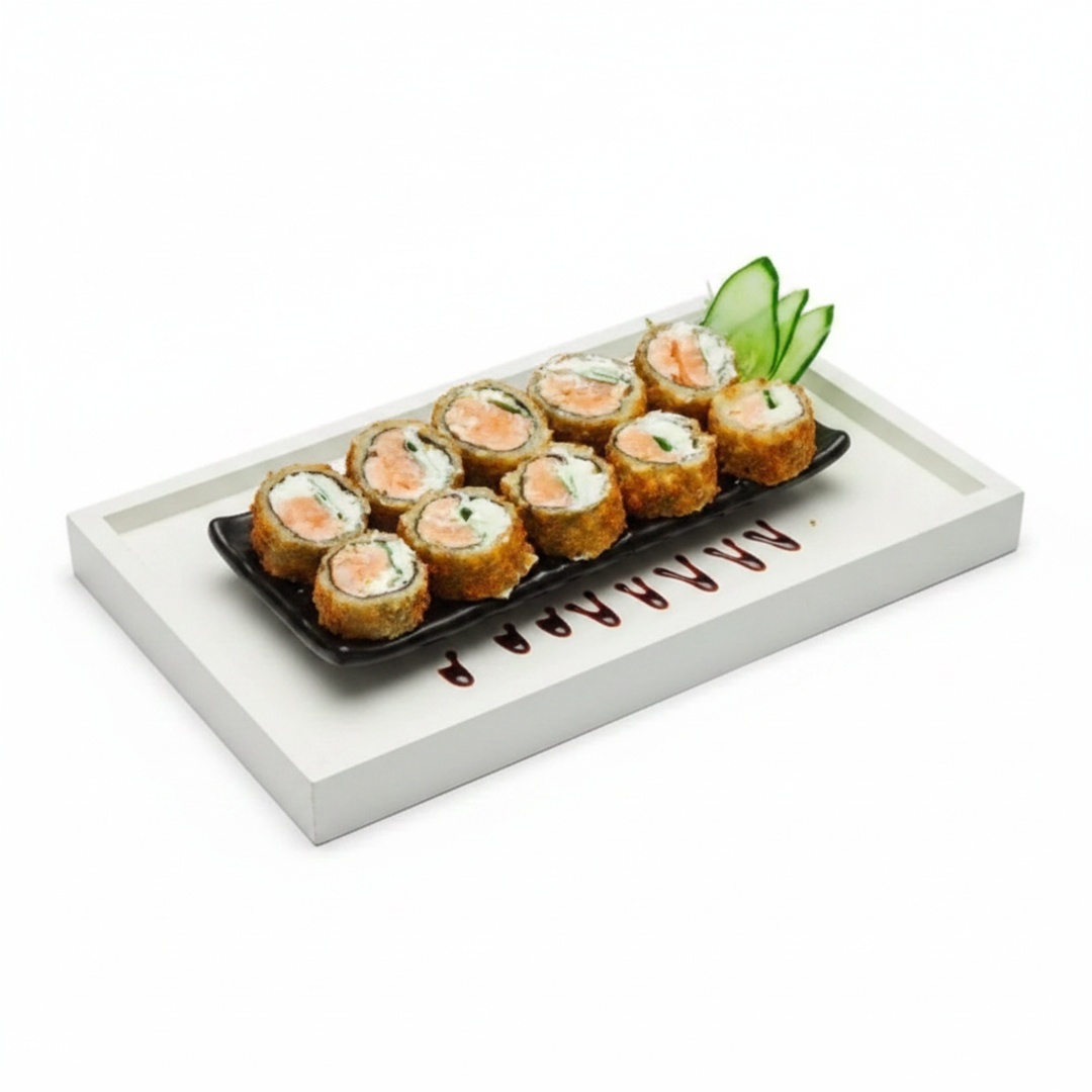 Salmão, cream cheese envoltos em alga com cobertura crocante de farinha panko.