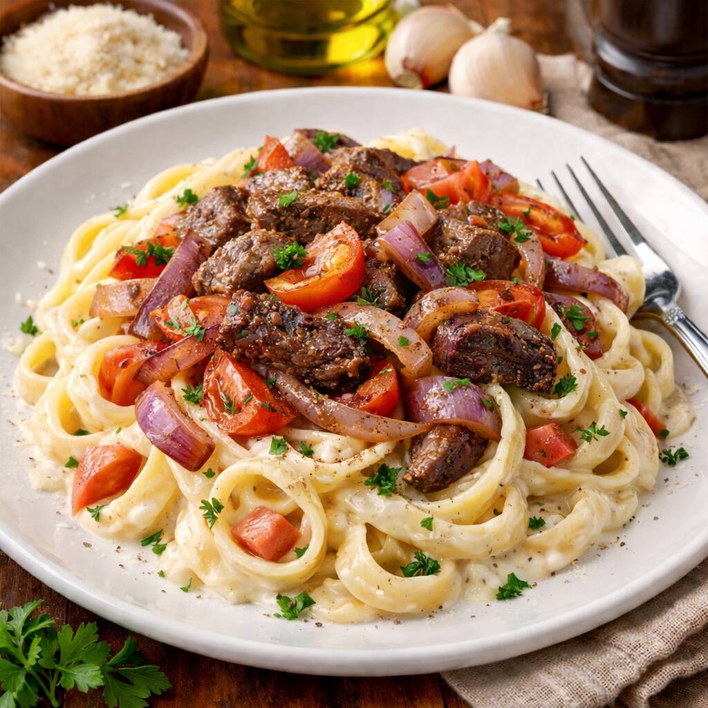 Fetuccini a lo Alfredo con Lomo Saltado XL