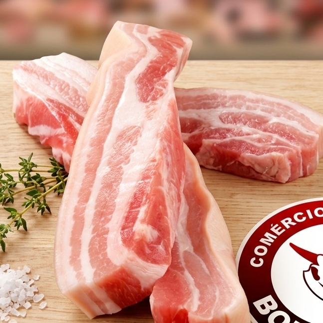 A barriga é uma carne suculenta e saborosa, perfeita para assados e grelhados, com um sabor marcante.