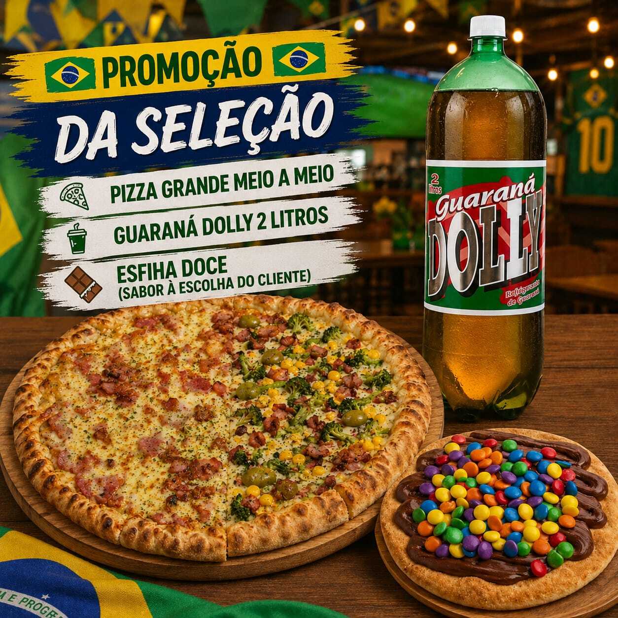 Pizza coberta com molho de tomate, frango desfiado temperado e catupiry finalizada com orégano e azeitonas. Sabor suave, cremoso e irresistível.
