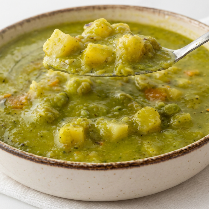 Caldo de ervilha batido com batata creme de leite calabresa e bacon. Acompanha. Pão francés.