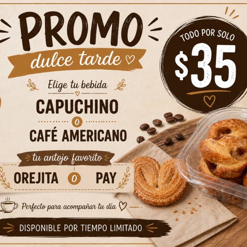 Capuchino o Café + Orejita o Pan de Piña