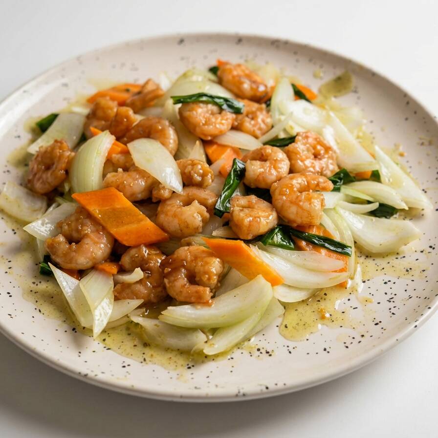Camarão ao Molho Curry com Cebola, Cenoura e Cebolinha