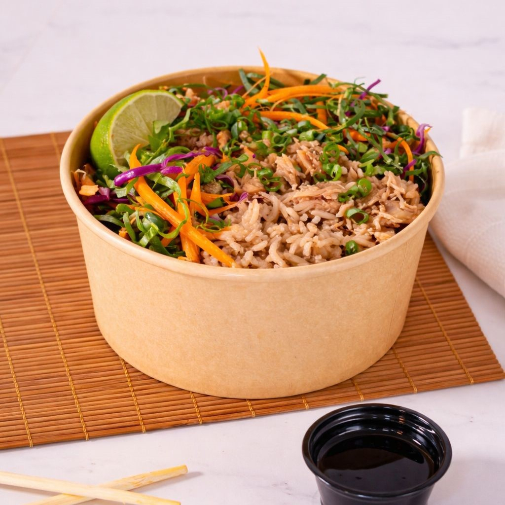 Frango desfiado temperado, arroz estilo Japonês, salada mix, limão, molho teriyaki.