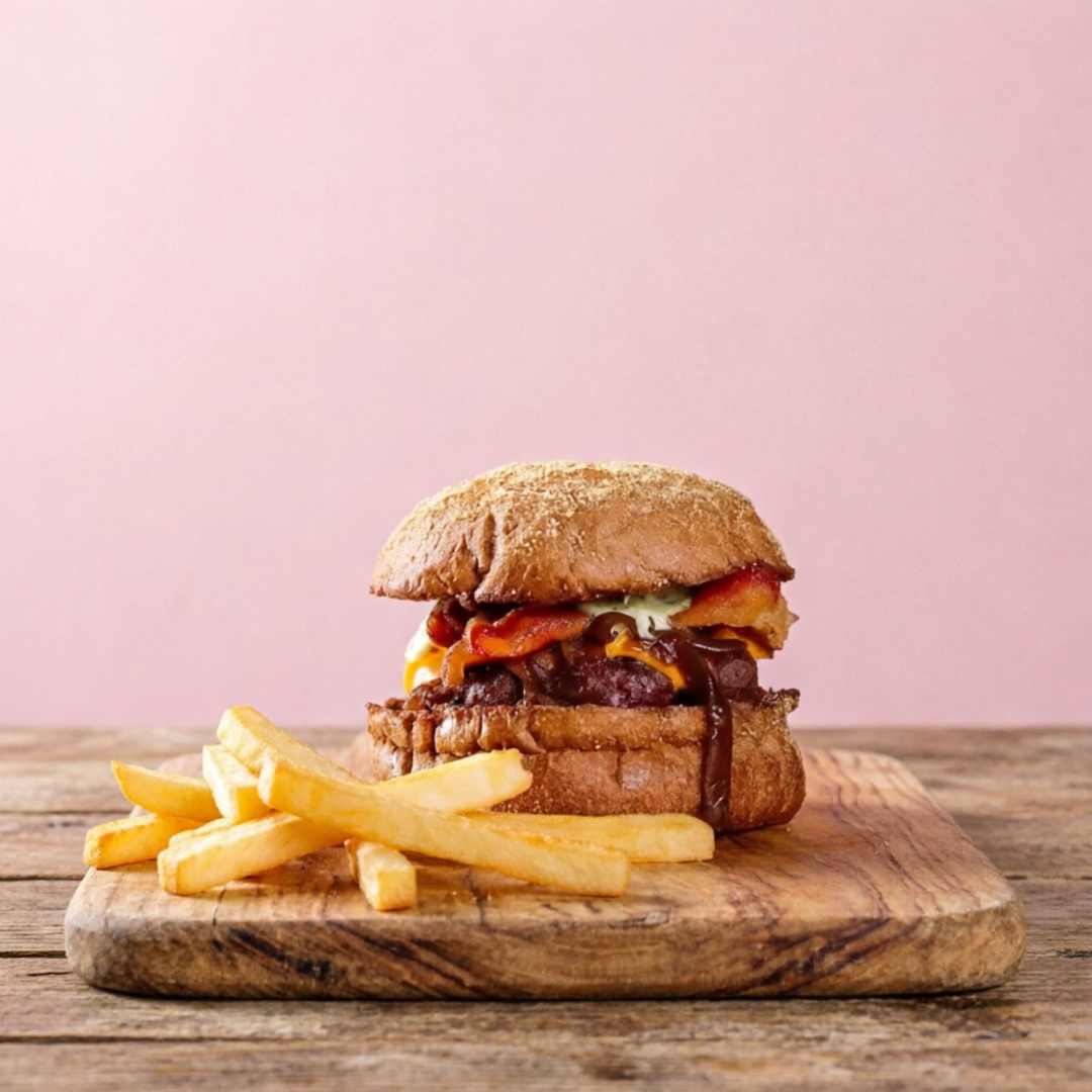 Burguer bovino de aproximadamente 150g, blend da casa, queijo cheddar, bacon, cebola caramelizada, molho de ervas no pão australiano ou brioche. + porção de batata frita + refri lata.
(Por favor escolher um que se encontre em nossa plataforma).