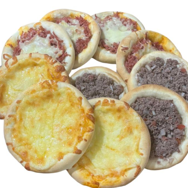 04 Calabresa e Mussarela. 03 Carne. 03 Queijo