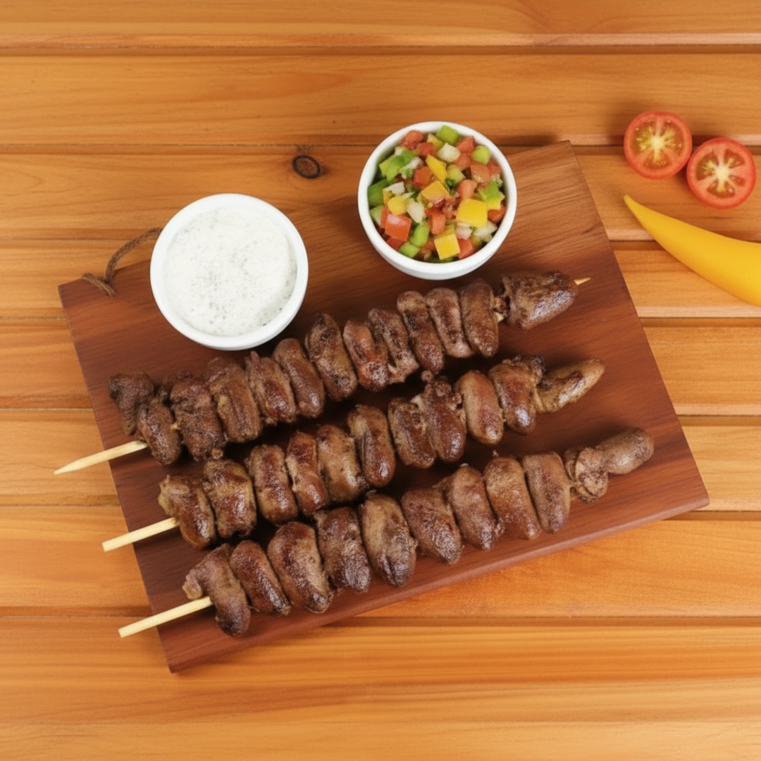 Espetinho de coração de frango, uma iguaria tradicional e saborosa.