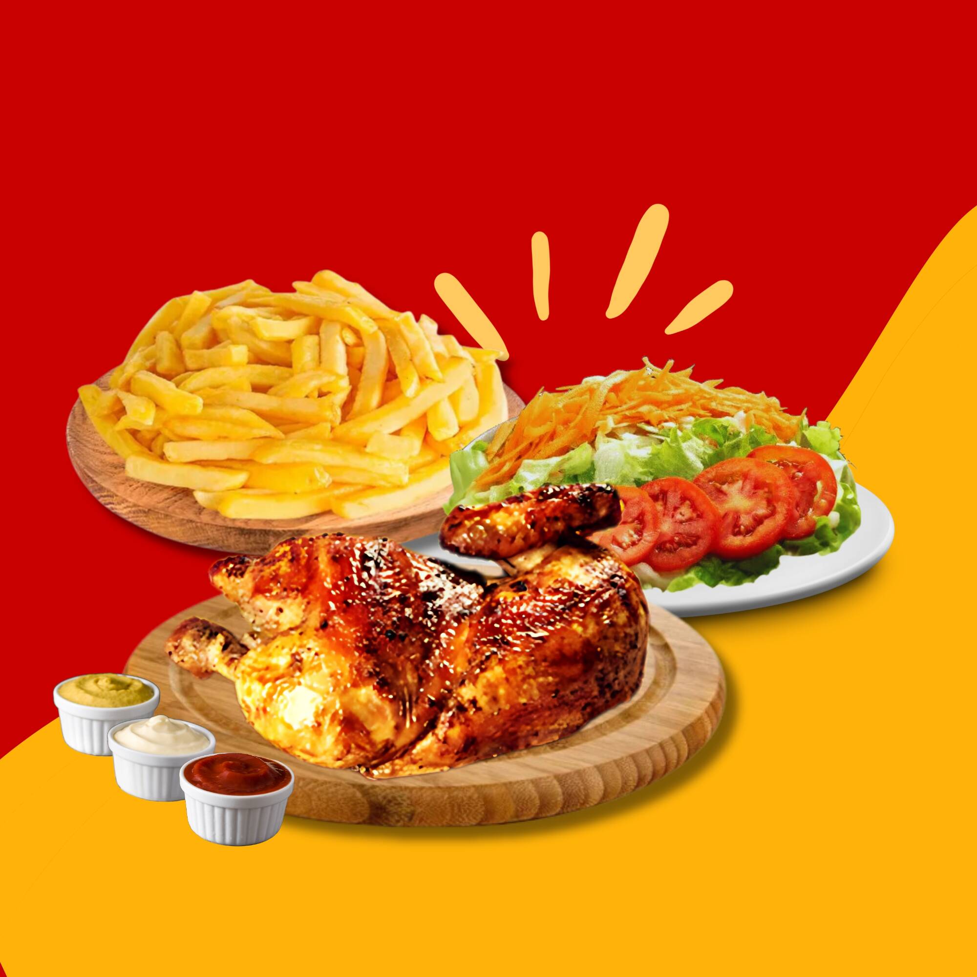 1/2 Pollo+ Papas+ Ensalada+ Cremas.
