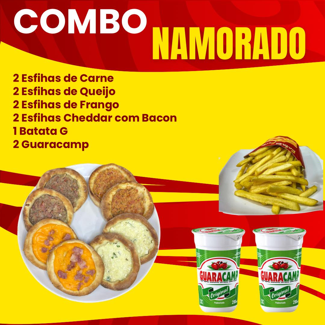 2 esfihas de carne, 2 esfihas de queijo, 2 esfihas de frango, 2 esfihas de chedar com bacon, 1 batata G e 2 guaracamps