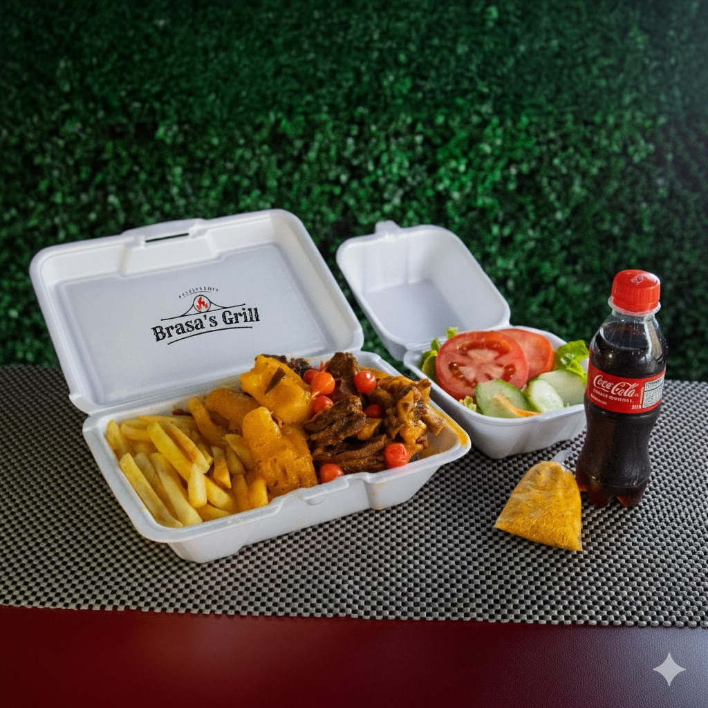 Acompanha arroz, feijão, salada com alface e tomate e fritas + refrigerante.