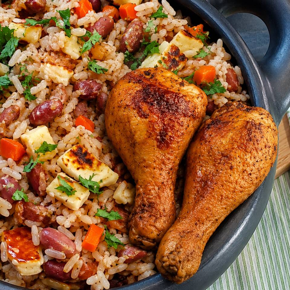 Delicioso baião de dois c/ frango frito.
