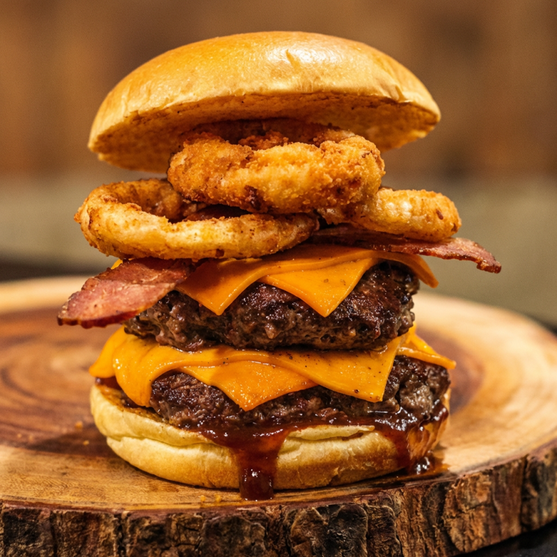 Pão De Brioche, 2 Carnes De 150 Gramas, 4 Fatias De Queijo Cheddar, Bacon Fatiado, Anel De Cebola E Barbecue
