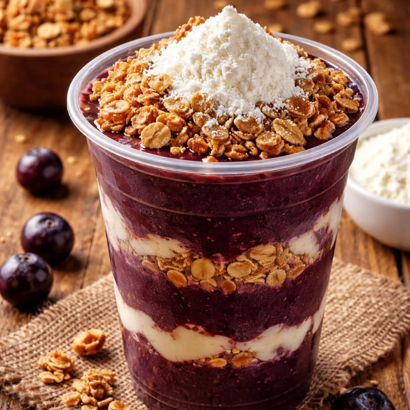 açai 500 ml com leite condensado leite em pó e granola!