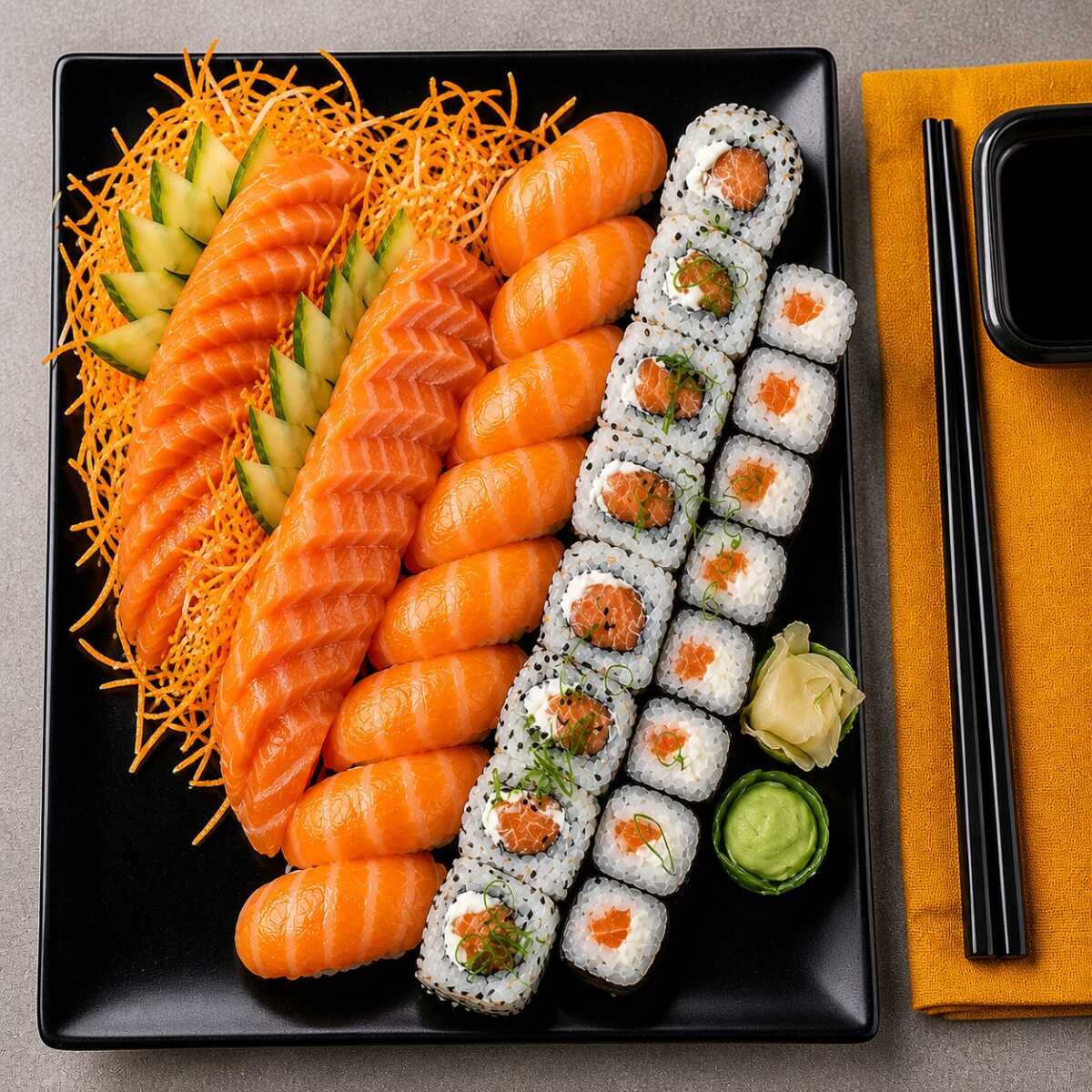 20 sashimi salmão + 8 niguiri salmão + 8 hossomaki salmão + 8 uramaki salmão + 4 uramaki filadelphia
