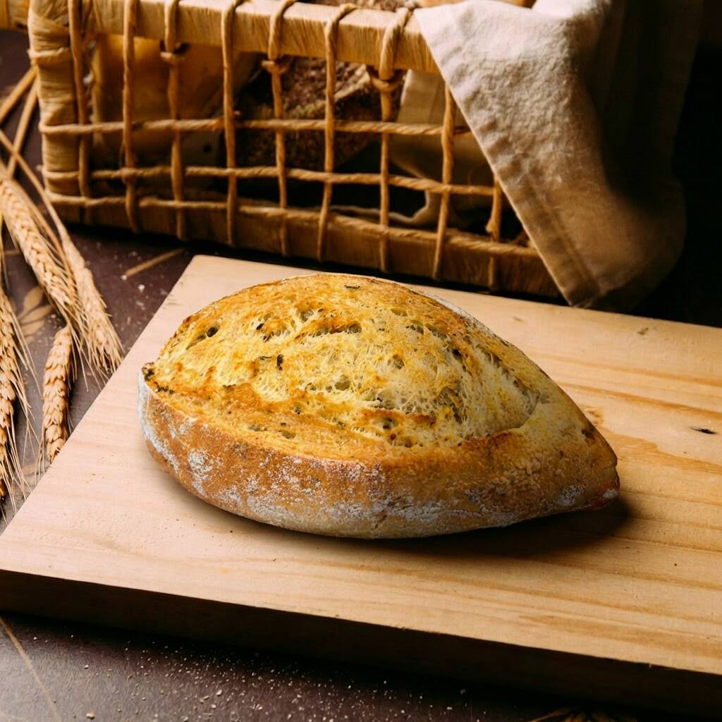 Casca dourada e crocante que estala ao cortar, miolo aerado com aquela teia de alvéolos irregulares e o sabor encorpado e levemente ácido da fermentação natural — agora com ervas aromáticas incorporadas na massa, que perfumam cada fatia e elevam o sabor a outro nível.